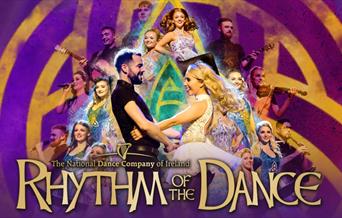 Band of musician's with two dancers in the front with a purple background with a gold Celtic knot.
