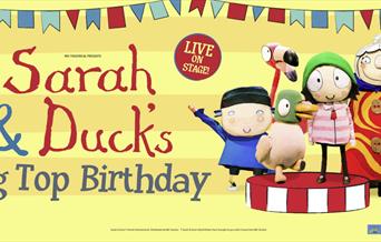 The characters on the right and the title in red and two shades of blue on the left.