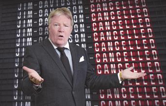 The background is the title repeating with the Cancelled highlighted in red, with Jim Davidson in front.
