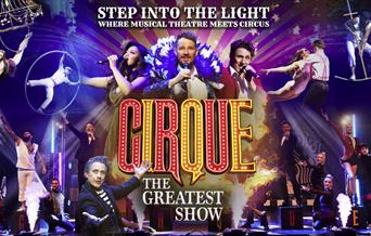 On the bottom left and right there are dancers/performers, in the top left is one women swinging from a chandler and one man doing tricks with a large