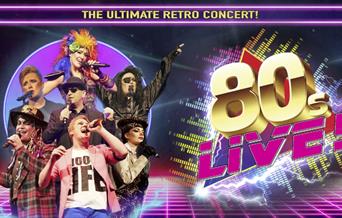 On the left is six singers with a range of different outfits. On the right is the title in a 80s style font and design.