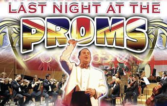 The title at the top in the centre red and white with Proms white and the British flag. At the bottom is a orchestra with a conductor in the middle.