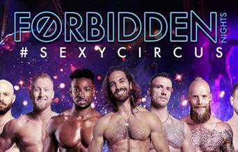 Seven men in a line topless and the back ground is different shades of purple and the title is blue