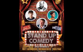 All the comedians that will perform and the title and information at the bottom.