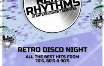Disco balls and purple background. Information in black.
