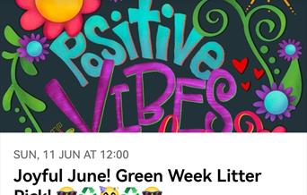Brightly coloured images of purple and blue, depicting ‘positive vibes’ for Green Week litter pick