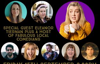 Image shows faces of 8 comedians including headliner Eleanor Tiernan.