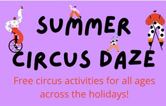 Summer Circus Daze wording on a purple background with illustrations of circus people