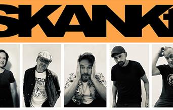 Photos of seven members of the band Skant beneath the band's name which is written in black letters on an orange background