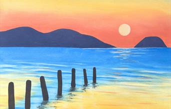 A painting of Weston-super-Mare Beach at sunset looking towards Brean Down