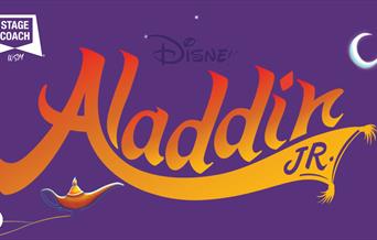 Stagecoach Weston-super-Mare presents; Aladdin Jr.  purple poster with orange wording and a genie lamp