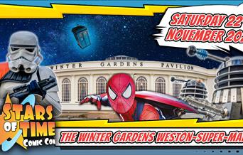 A montage of two Cosplay characters, a stormtrooper and Spiderman  with Weston-super-Mare's Winter Gardens Pavilion in the background to advertise the