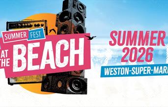 Flyer featuring a beach scene and some loud speakers to advertise the 2026 Summer Fest at The Beach weekend music event in Weston-super-Mare