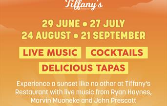 September sunset sessions - poster with an image of a sunset and details of the event