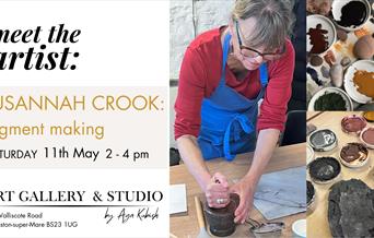 Photograph of artist, Susannah Crook, making pigment with images of different coloured paint and pigment.