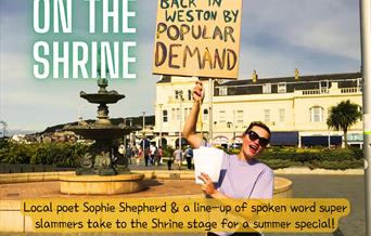 Rhyme on the Shrine - photograph of Sophie Shepherd with a plaque card.