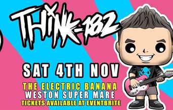 Cartoon image of rock band Blink-182 with details of the event.