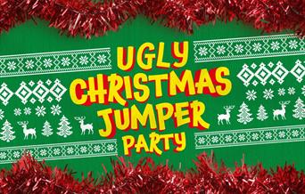 A green and white Christmas design with the words Ugly Christmas Jumper Party on it