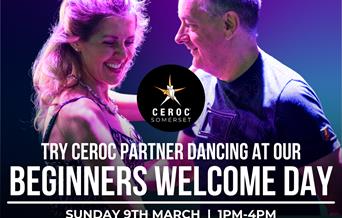 A man and a lady laughing and smiling whilst dancing together. Text reads 'Try Ceroc partner dancing at our beginners welcome day. Sunday 9th March. 1