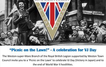 A black and white photograph showing people celebrating the end of WWII. The image features on a poster promoting a picnic in Weston-super-Mare to mar