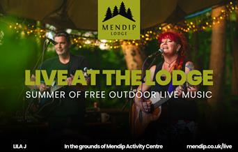 Two musicians (man and woman) playing guitar and singing into microphone under tented woodland canopy. Mendip Lodge logo. Text promotes Live at the Lo