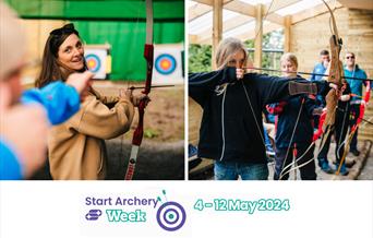One photo shows a women getting ready to shot an arrow on an archery range and looking back to instructor for guidance, instructor in shot blurred out