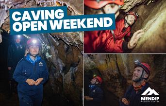 Three images display adults of different ages caving. One girl walking through cave with helmet and headtorch. Two people looking up smiling, in a tig