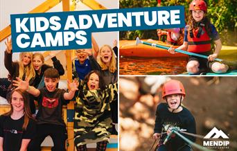 Three image collage - largest image shows group of boys and girls smiling with hands up in the air, sat under a canva tent. Second image on top right