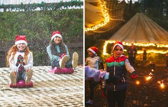 Image split into two - left side shows two girls on zibob toboggans riding down a dry slope with santa hats on and snow falling. Image on the right sh