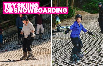 Bold text at top of image says Try Skiing or Snowboarding. Left side shows middle-aged women skiing, wearing black helmet and black gloves. Skiers in