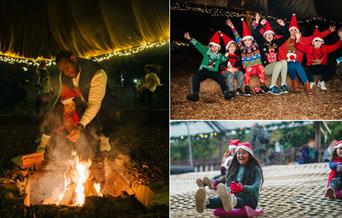 Image split in three. Left: two people roasting marshmallows, top right: a family at the campfire, bottom right: three twilight tobogganers going down