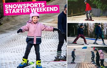 Children and adults learning to ski and snowboard at Mendip Activity Centre's Snowsports Starter Weekend.