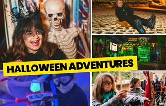 Collage of Halloween adventures including costumes, archery, gel fire battle, tobogganing, and themed entrance to Mendip Activity Centre. Main image i