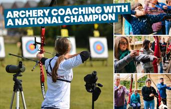 Three images - main photo of local Archery National Champion Liv Morledge. Three other photos of customers of all different ages aiming a bow and arro
