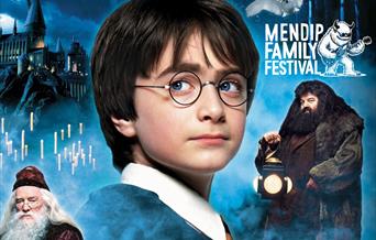Harry Potter-themed poster with characters and "Mendip Family Festival" Yeti playing guitar logo and text.