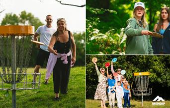 Frisbee Golf Open Weekend at Mendip Activity Centre. The collage features people of all ages playing disc golf, including a woman throwing a frisbee,