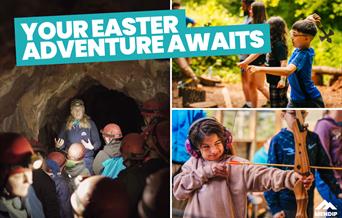 A promotional image for Mendip Activity Centre featuring children and an instructor engaging in outdoor adventure activities, including caving, axe th