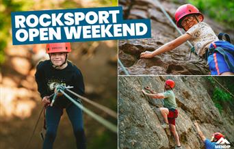 Rocksport Open Weekend promotional image featuring people rock climbing and abseiling at Mendip Activity Centre.