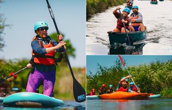 People enjoying water sports including paddleboarding, canoeing, and kayaking at Mendip Activity Centre on a sunny day.