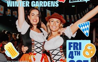 Two barmaids in Oktoberfest costumes advertising a bingo party night in Weston-super-Mare