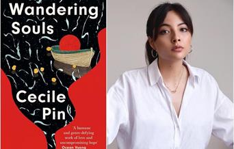 An image of the Wandering Souls book cover (which is red and white with a small boat), next to a photograph of Cecile Pin