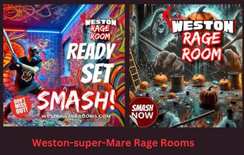 Two very colourful posters in a black background advertising the Weston-super-Mare Rage Rooms. One image shows a man about to wield a baseball bat and