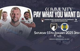 A photo of three Weston-super-Mare FC footballers inserted onto the club crest on a poster advertising the club's community pay what you want annual m