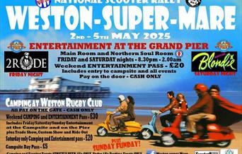Three Vespa-style scooters racing along the sandy beach at Weston-super-Mare with the Grand Pier in the background on a flyer publicising the National