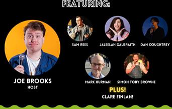 Poster featuring the mug shots of five comedians to promote the Weston-super-Laugh comedy night in Weston-super-Mare