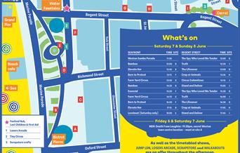 A map in blue, yellow white and green showing the venues for Whirligig 2025 in Weston-super-Mare