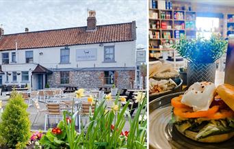 Half and half image of the outside of a country pub and then another image displaying a plate of pub grub