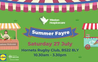 Bright poster of summer fayre in greens and blues with cartoon images of stalls and an ice-cream cart.