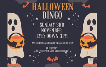 ghosts with halloween baskets, text reads "halloween bingo"