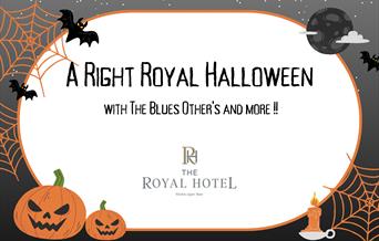 image shows pumpkin and bat scenery, text reads "A Right Royal Halloween"